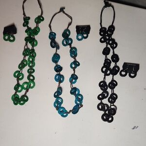Paparazzi Vibrant Green, Teal, and Black Necklace And Earrings Trio